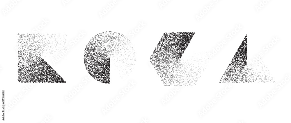 Poster set of stippled gradient shapes. black dotted square, circle, hexagon and triangle collection. textu