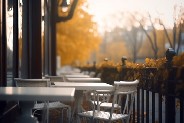 Empty tables terrace in autumn city. Generative AI