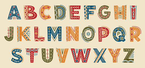 African tribal font set. Decorative alphabet with exotic ethnic pattern. Folk lettering design for textiles and posters, brochure banners. Cartoon flat vector collection isolated on white background
