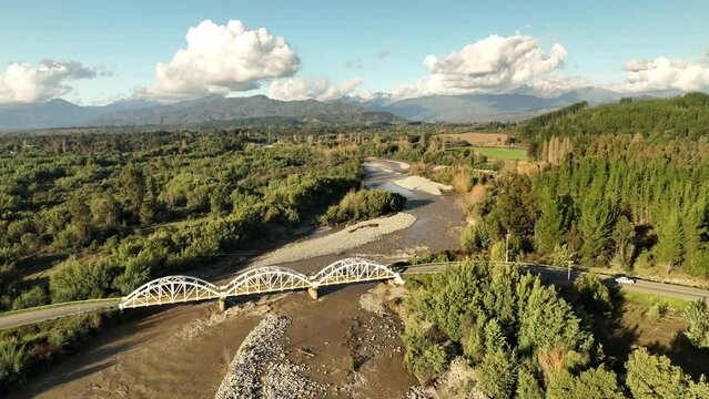 Aerial view of Three Arch Tres Arcos bridge and Ancoa river in Region Maule after flooding in 2023, Chile