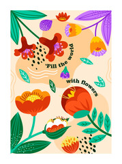 Posters with spring flowers. Floral banner with flowering plants and pattern, leaves and foliage. Blooming abstract design for greeting brochures, flyers and cards. Cartoon flat vector illustration