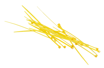Plastic Cable tie in yellow to hold cable together or wrap around things for electrician, maintenance, repair man. Close up Plastic Cable tie small size, white background isolated