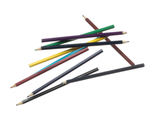 Pencil in various color fly floating in mid air. Many group new long colour pencils fall as education school stationary. Abstract pencil explode unbox. White background isolated high speed shutter