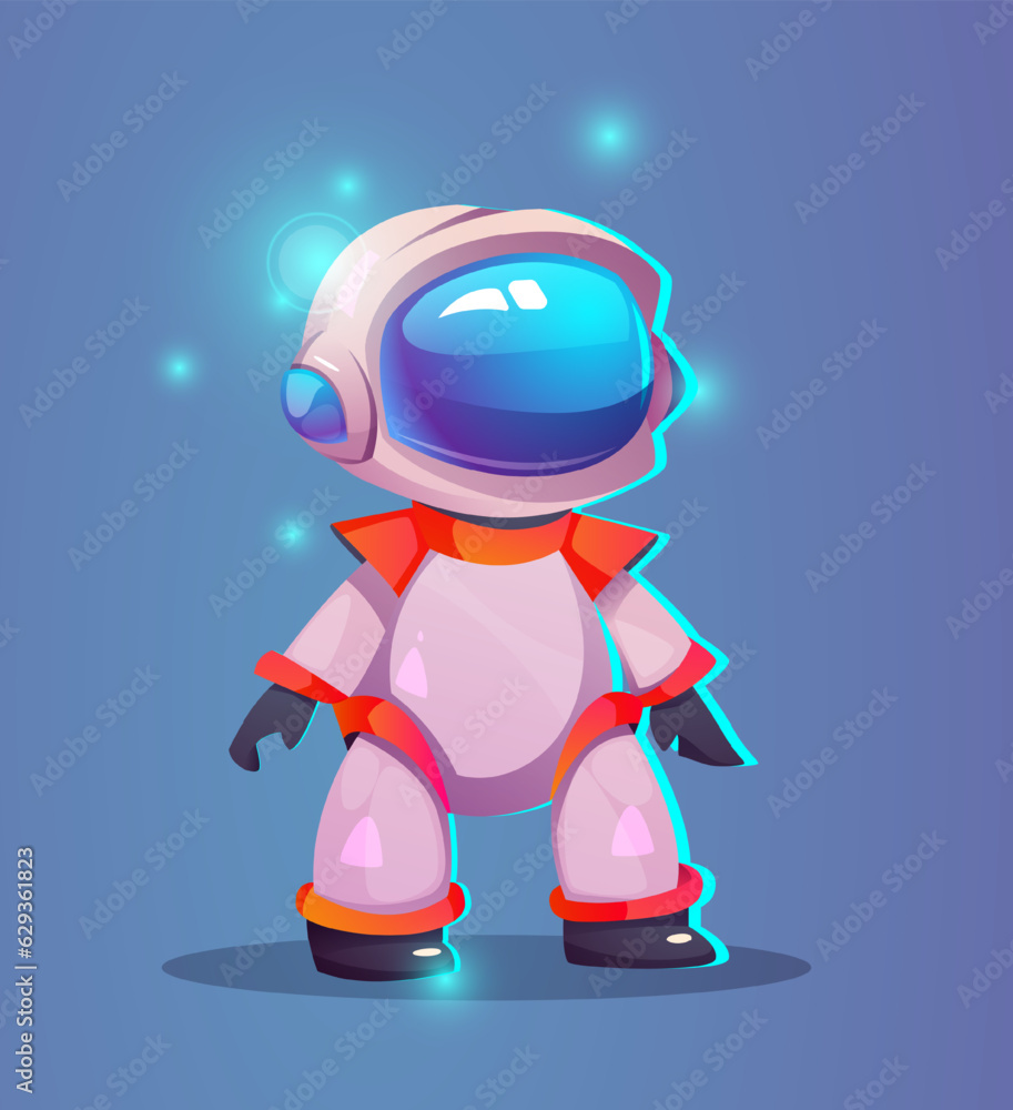 Poster cute little astronaut. isometric realistic character in helmet and space suit. universe and stars co