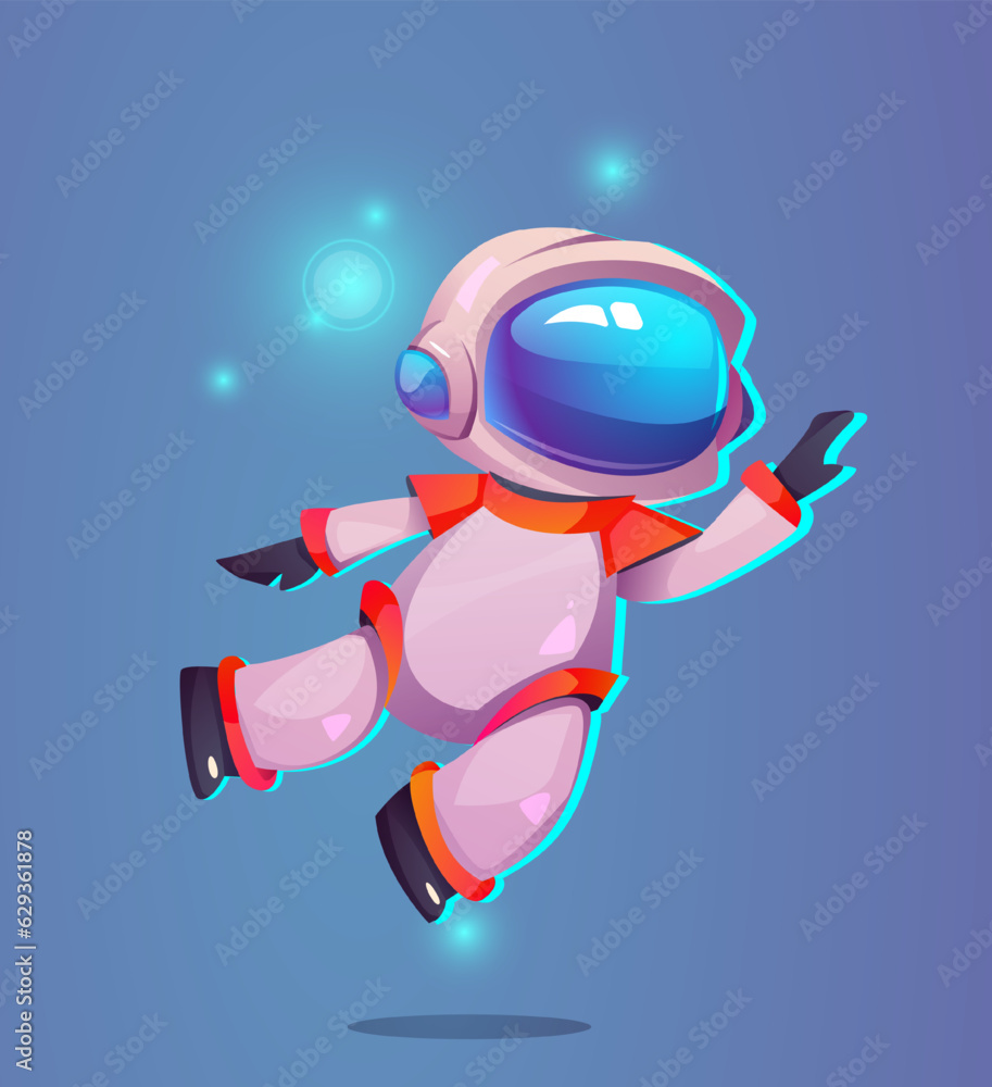 Poster cute little astronaut. cosmic character in suit and helmet flies in space with shining stars. isomet