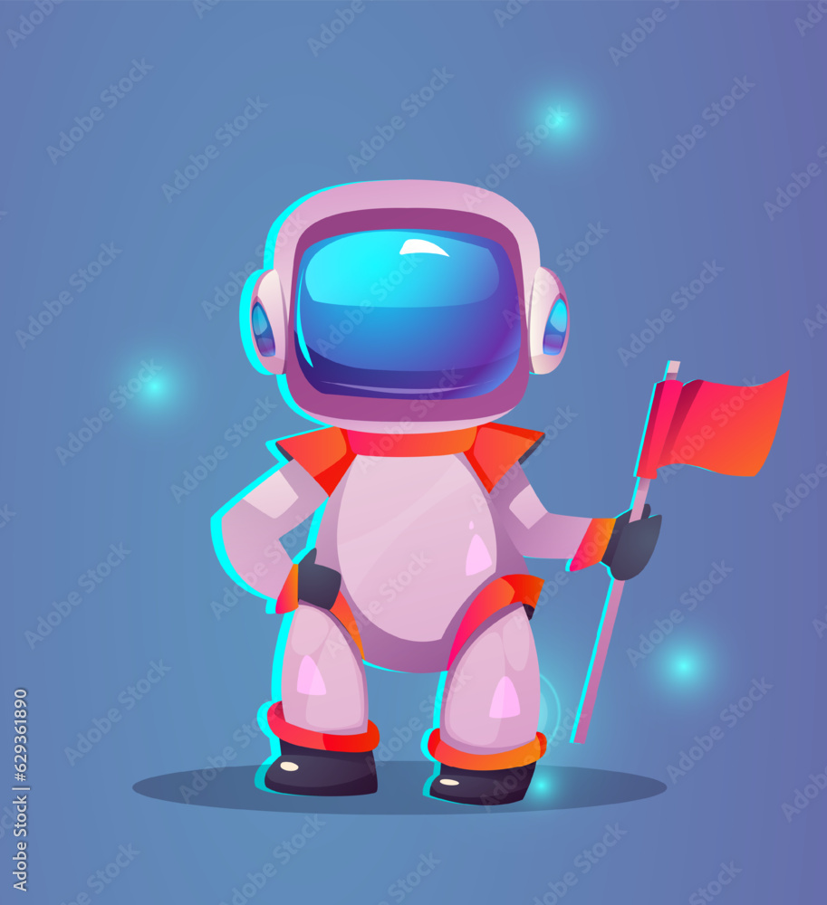 Poster cute little astronaut. isometric realistic cosmic character in helmet with red flag for game user in