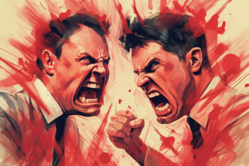 Two angry office workers arguing and threatening each other. Anger management concept. - obrazy, fototapety, plakaty