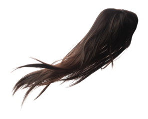 Long straight Wig hair style fly fall explosion. Brown woman wig hair float in mid air. Straight brown wig hair wind blow cloud throw. White background isolated high speed freeze motion