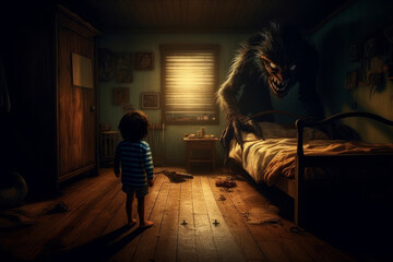 Sad little boy fearing monsters under his bed. Terrified child having a nightmare. Kid afraid of darkness.