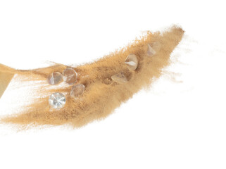 Diamond crystal fly splashing in mid air. Diamond precious stone explosion flying with sand powder...