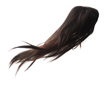 Long straight Wig hair style fly fall explosion. Brown woman wig hair float in mid air. Straight brown wig hair wind blow cloud throw. White background isolated high speed freeze motion
