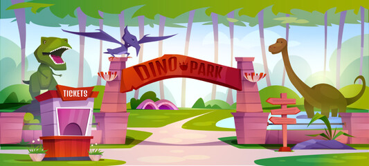 Dinosaur park banner. Horizontal poster with zoo outdoor with tyrannosaurus, pterodactyl and diplodocus. Dino garden with redators and herbivores of jurassic era. Cartoon flat vector illustration © Rudzhan