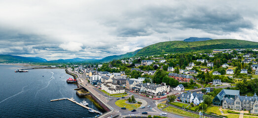 Fort William from a drone, River Lochy and Ben Nevis, Lochaber, West Highlands, Scotland, England, Europe