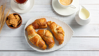 traditional breakfast with fresh croissants and white wooden background, top view, horizontal