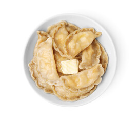Bowl of delicious dumplings (varenyky) with cottage cheese and butter isolated on white, top view