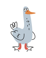 Fototapeta premium Cute friendly animal. White smiling goose in doodle hand drawn style for wallpaper design. Funny outline character bird with wings. Cartoon flat vector illustration isolated on white background