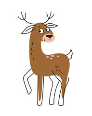 Cute friendly animal. Forest brown deer with spots and antlers. Mammal character in hand drawn doodle style for textile design. Cartoon flat vector illustration isolated on white background