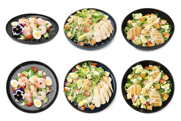 Set of Caesar salad in dishes isolated on white, top and side views