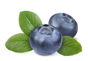 Fresh ripe blueberries with green leaves isolated on white