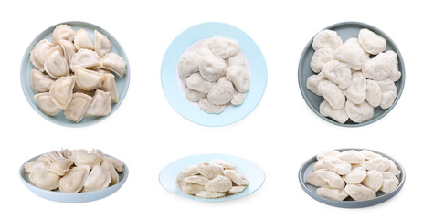 Set of tasty dumplings (varenyky) isolated on white, top and side views