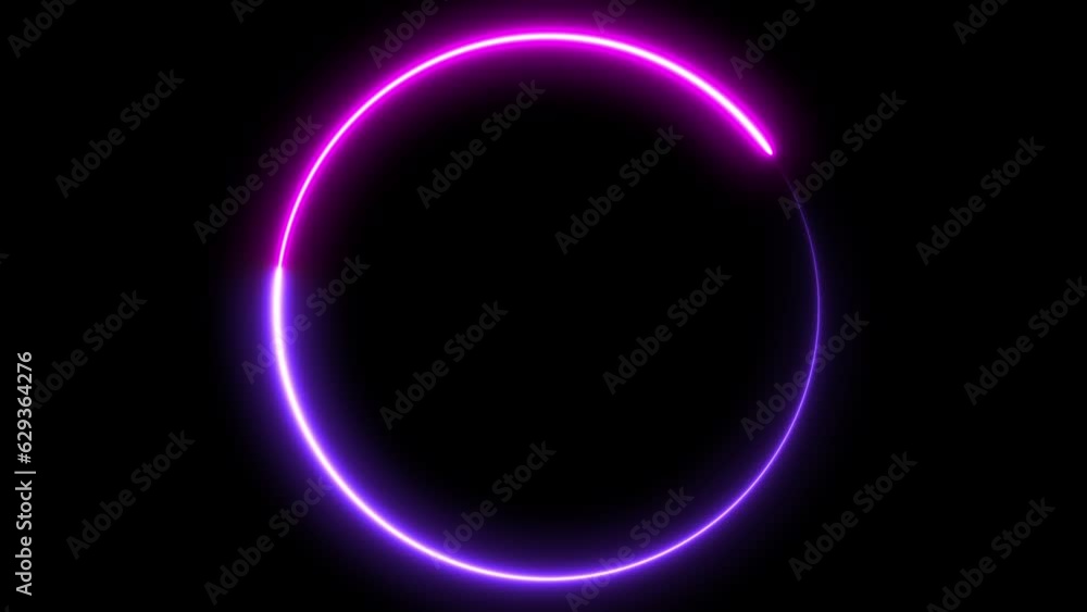 Poster circle shape frame purple and pink neon lights and loop animation on black screen. 3d animation.