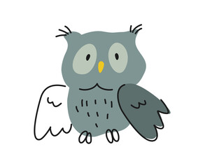 Cute forest animal. Gray funny owl or eagle owl with wings in hand drawn doodle style. Linear night bird for textile and print design. Cartoon flat vector illustration isolated on white background