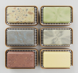 Six Realistic Colorful Bars of Craft Soap on Wood Dishes. 3D illustration.