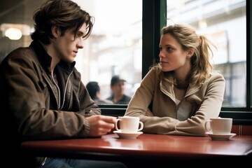 a beautiful white european american couple friends sitting in a cafe and talk to each other. man and woman drinking coffee. blurred restaurant background. Generative AI