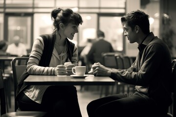 a beautiful white european american couple friends sitting in a cafe and talk to each other. man and woman drinking coffee. blurred restaurant background. black and white filter. Generative AI