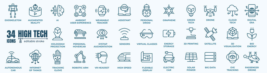 High tech thin line icons set. Innovation Related Vector Line Icons. Editable Stroke. 48x48 Pixel Perfect