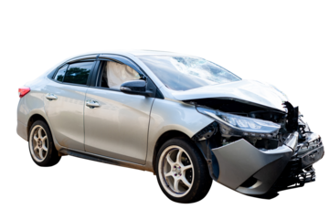 Front and side of white car get damaged by accident on the road. damaged cars after collision. isolated on transparent background, car crash bumper for graphic design element, PNG