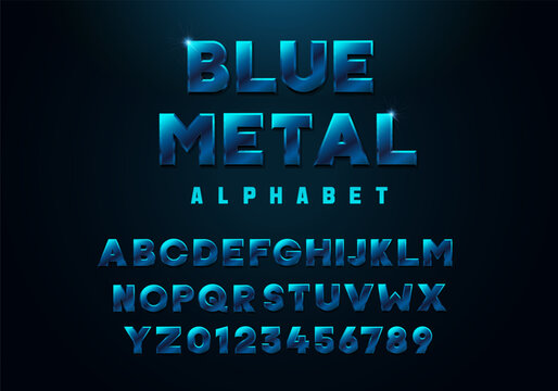 Stylish 3D blue metallic alphabet font. Premium three dimensional typeface