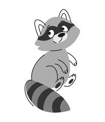 Outline cute animal. Doodle gray raccoon with fluffy tail. Print with linear forest character for kids packaging or wallpaper design. Cartoon flat vector illustration isolated on white background © Rudzhan