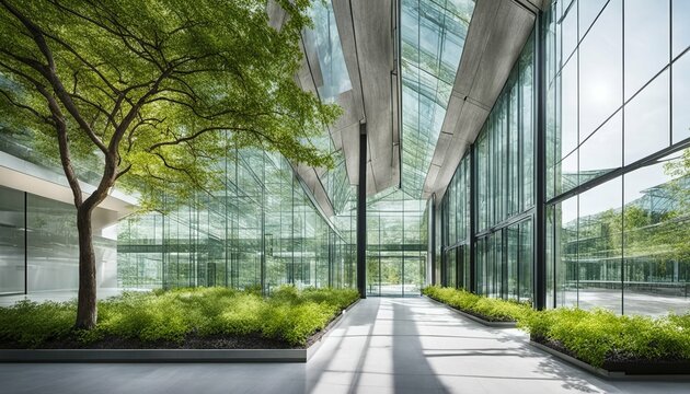 Fototapeta Eco-Friendly Glass Office: Sustainable Building with Trees and Green Environment