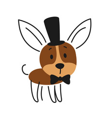 Cute dog in suit. Charming linear pet chihuahua in cylindrical hat with black bow tie. Doodle funny puppy in tuxedo for app and web. Cartoon flat vector illustration isolated on white background