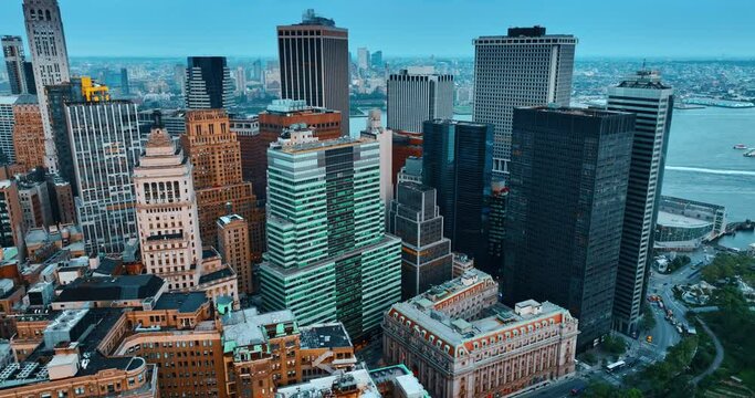 Evening view of the gorgeous architecture of New York. Drone footage slowly approaching skyscrapers.