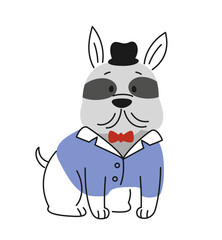 Cute dog in suit. Funny french hand drawn bulldog in black hat and red bow tie. Outline doodle print with pet puppy for apps and sites. Cartoon flat vector illustration isolated on white background