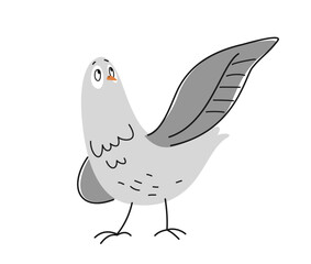 Funny outline dove. Cute doodle white pigeon with wings in hand drawn style. Outline print with urban bird for wrapping design. Cartoon flat vector illustration isolated on white background