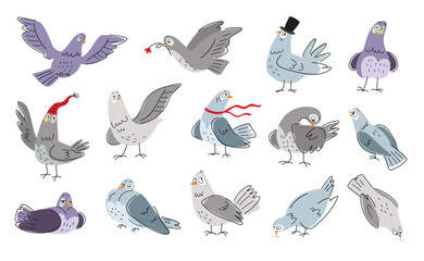 Funny outline dove set. Cute urban pigeons fly and eat, sleep and sit. Doodle print with adorable birds for wrapping and wallpaper design. Cartoon flat vector collection isolated on white background