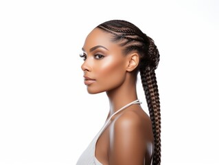 portrait of beautiful black african american woman with curly long braids and bun. perfect face structure. sharp jawline looking left side profile. isolated on white background. Generative AI - obrazy, fototapety, plakaty