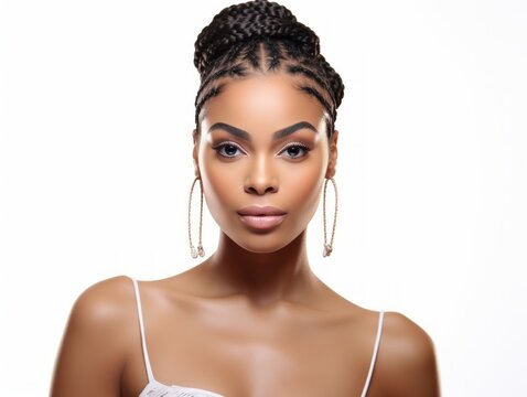 portrait of beautiful black african american woman with curly long braids and bun. perfect face structure. sharp jawline looking straight forward in front. isolated on white background. Generative AI