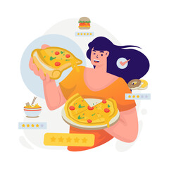 A woman enjoys eating pizza food review vector illustration
