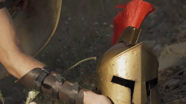 armor and weapons and helmet Spartan warrior soldier on the background of ancient Greece