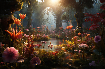 "La Symphonie Végétale" : Une scène abstraite où des fleurs et des plantes semblent jouer de la musique, créant une symphonie visuelle.
