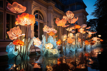 "Flore Céleste" : Des fleurs aux pétales translucides, flottant dans un ciel étoilé, créant un paysage céleste enchanteur.
