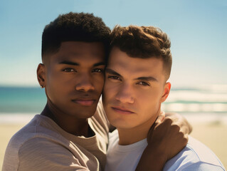 Close-up headshot portrait of two young gay men hugging. Mixed race couple, one black and one white, with heads together and looking at the camera with serious expressions. Beach background.