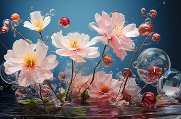 "Flore Céleste" : Des fleurs aux pétales translucides, flottant dans un ciel étoilé, créant un paysage céleste enchanteur.
