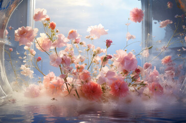 "Flore Céleste" : Des fleurs aux pétales translucides, flottant dans un ciel étoilé, créant un paysage céleste enchanteur.