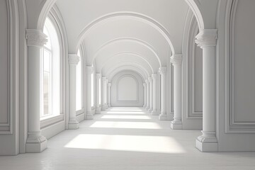 Minimalistic Tranquility: Serene White Rendered Hallway Comprising Arches (Generative AI)