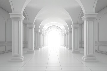 Serenity in Arches: Simple and Clean White Rendered Hallway (Generative AI)